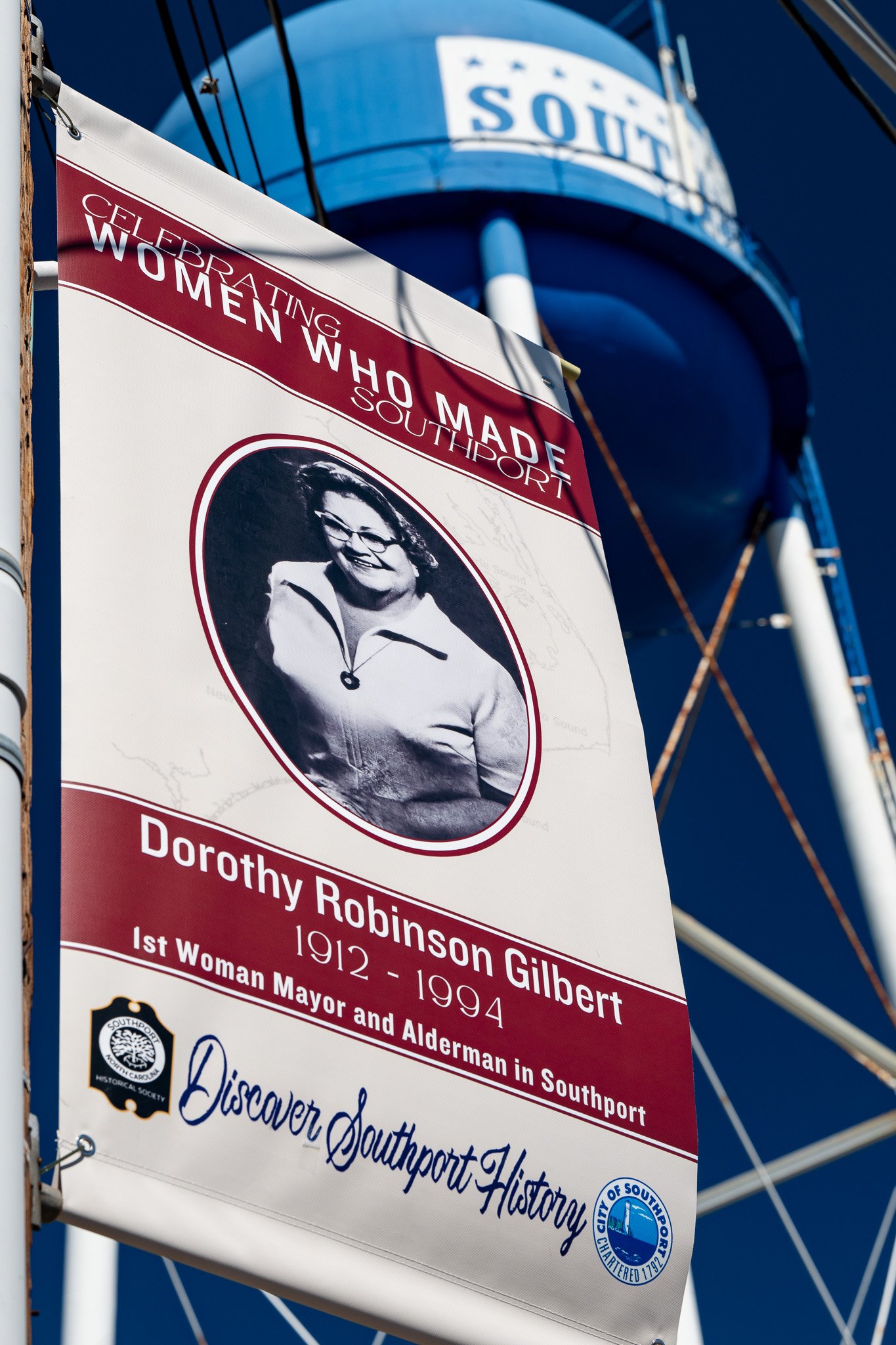 Street banner honoring Dorothy Robinson Gilbert, Southport’s first woman mayor